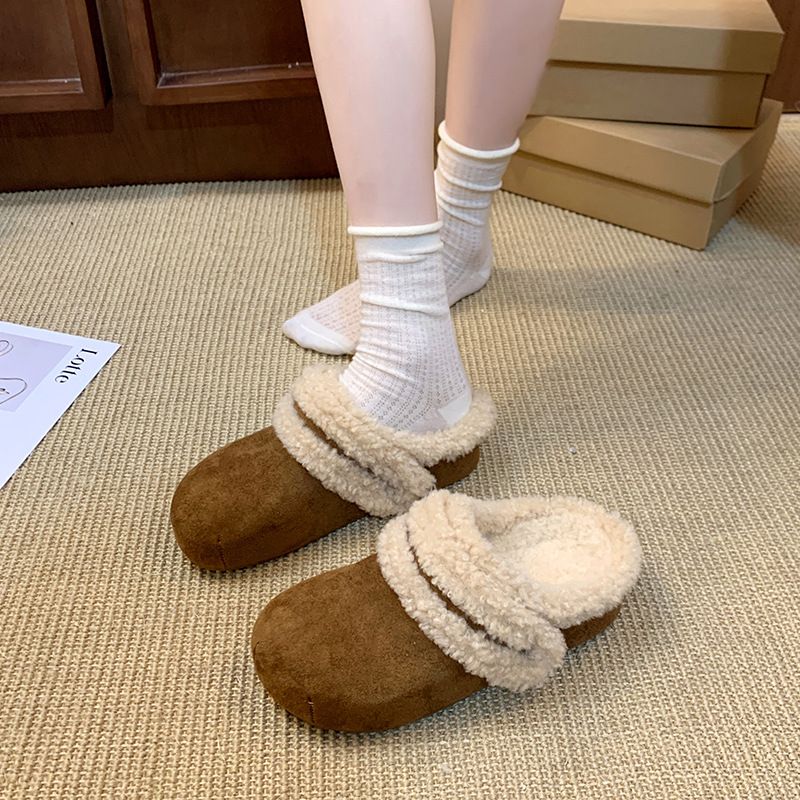 Vintage Closed-Toe Two-Way Casual Thick-Soled Furry For Women Autumn Winter New Lazy Slip-On Cotton Slippers_vogvips.com
