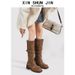 Women's Retro Distressed Mid Calf Boots Chunky Heel Belt Buckle Slouch Boots Style Niche Work Boots For Autumn New Style_vogvips.com