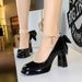 9981-H78TP Korean Version Square Toe Thick Super High Heel Waterproof Table Pearl Chain Straight Ribbon Butterfly_vogvips.com