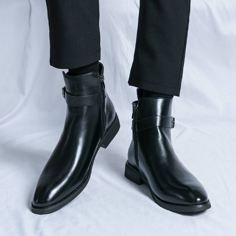 2025 Large-size Men's Boots, British Style, Fashionable High-top Leather Shoes, Side Zippers, Mid-top, Gentlemanly_vogvips.com