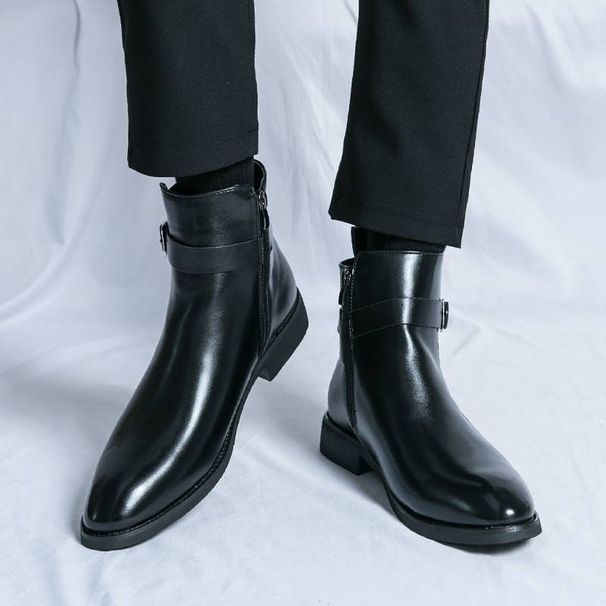 2025 Large-size Men's Boots, British Style, Fashionable High-top Leather Shoes, Side Zippers, Mid-top, Gentlemanly_vogvips.com