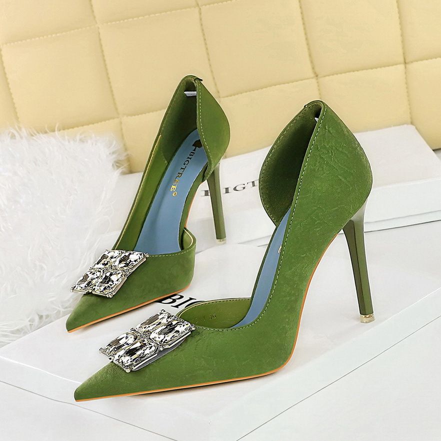 Women's shoes slim heels high heels shallow mouth pointed side hollowed out square rhinestones_vogvips.com