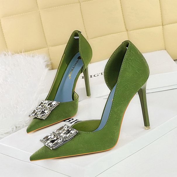 Women's shoes slim heels high heels shallow mouth pointed side hollowed out square rhinestones_vogvips.com