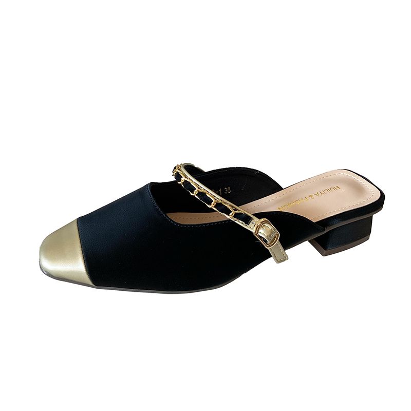 New Soft Leather Multi-color Square-toe Müller Shoes - Ankle Strap With 3cm Metal Chain - Versatile Casual Low-heeled Half-toe Shoes_vogvips.com