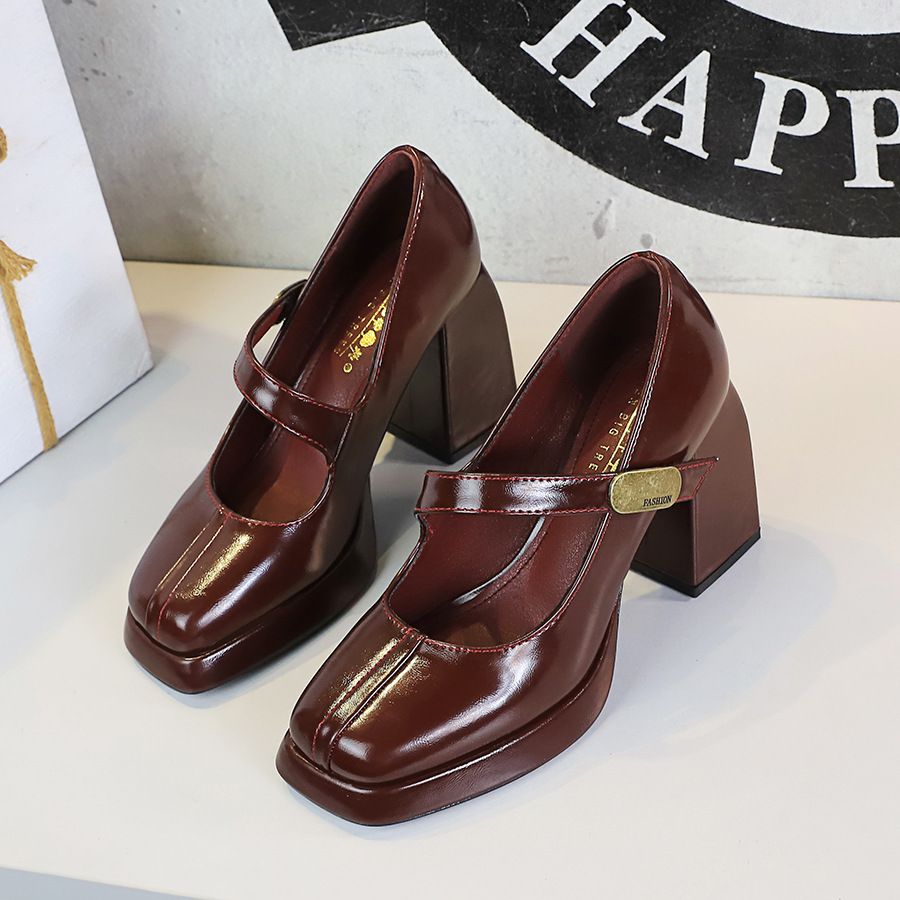 High Heels Women's Shoes Thick Heel High Heel Waterproof Table Metal Buckle One-word Strap Single Shoes_vogvips.com