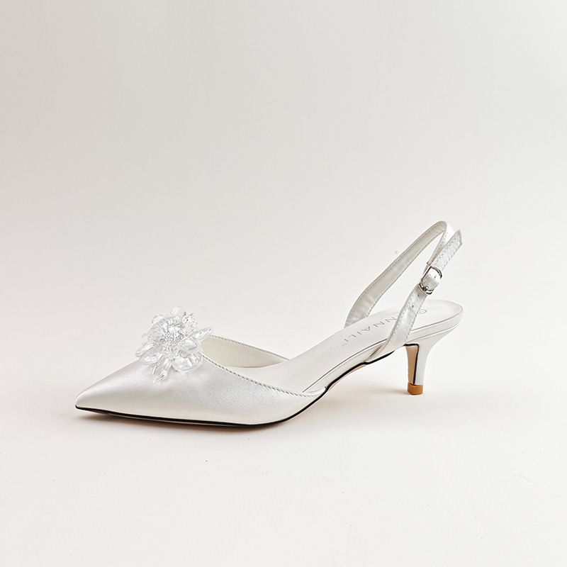 Women's Satin Wedding Shoes Pointed Toe Low Heel Comfortable White Style Bridal New_vogvips.com