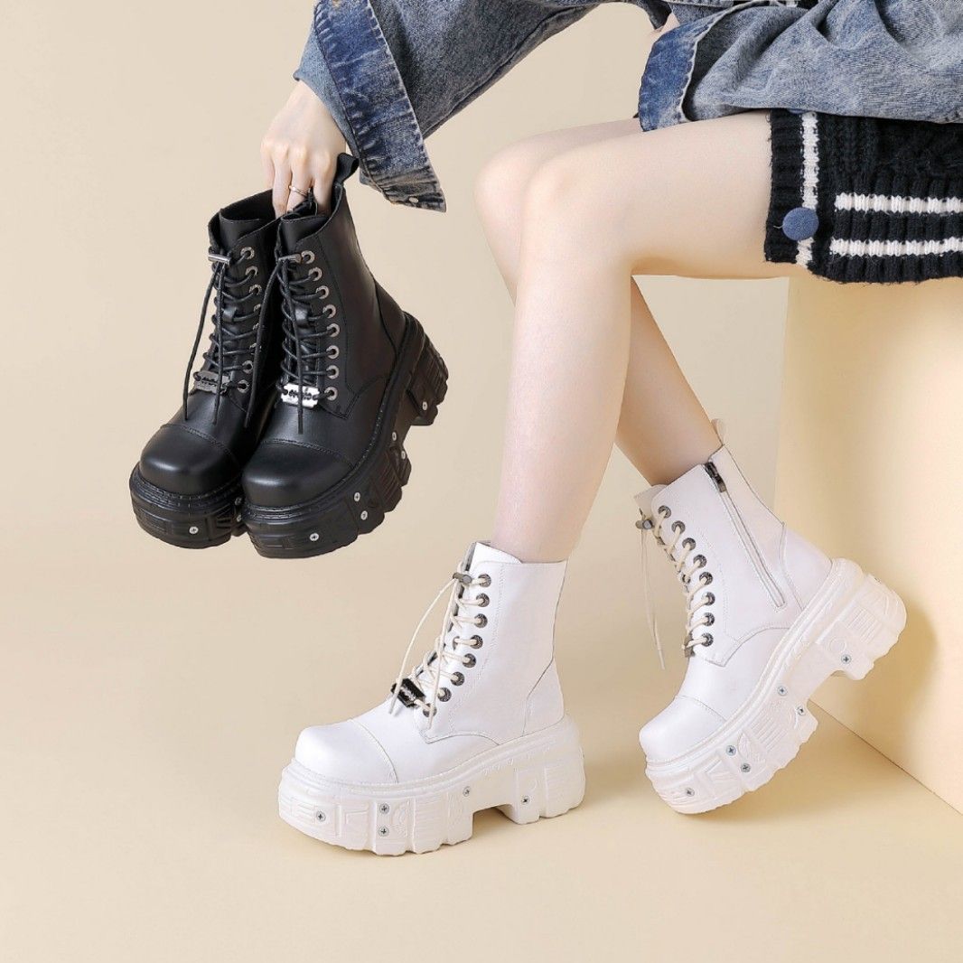 Women's Dark Black Leather Motorcycle Boots European American Style Heavy Duty Platform Martin Punk Shoes_vogvips.com