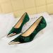 Women's Shoes Thin Heel Medium Heel Light Mouth Metal Pointed Flower Embossed Suede Xishi Velvet Single Shoes_vogvips.com