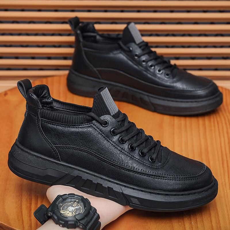 2024 Winter New Men's Casual Leather Lined Sneakers Korean Style Trendy Sports Thick Sole Non-Slip Warm Cotton Shoes_vogvips.com