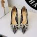 1963-H19 European And American Style Sexy Party High-heeled For Women, Lace Mesh With Rhinestone Bow, Pointed Toe_vogvips.com