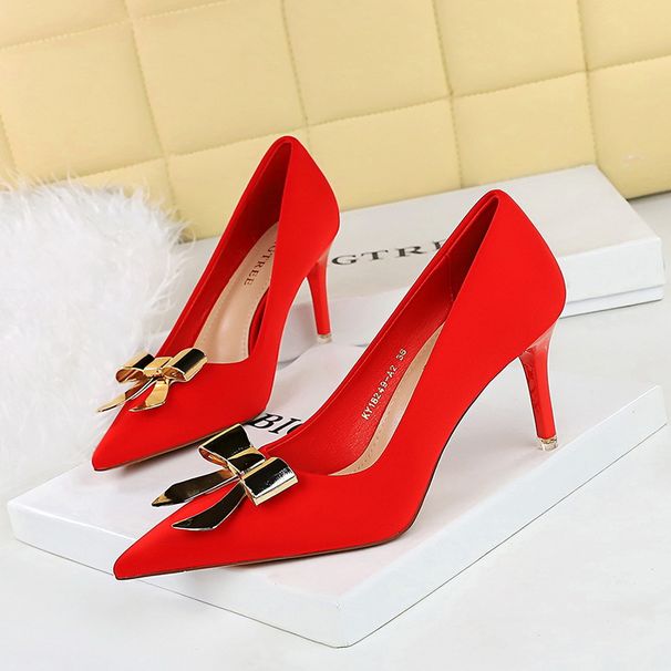 Women's Shoes Thin Heel High Heel Satin Light Mouth Pointed Metal Bow Single Shoes_vogvips.com