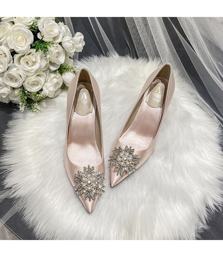 Satin Bridesmaid Dress Shoes For Women Snowflake Pearl Buckle High Heels White Bridal Shoe Plus Size Women's Footwear_vogvips.com