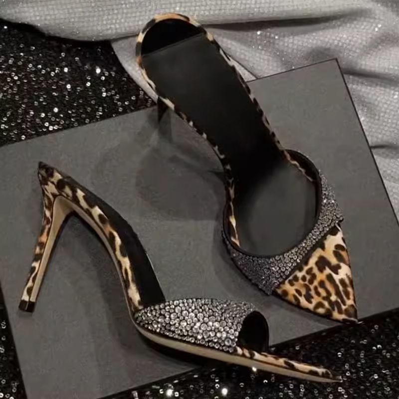 Leopard Print Sexy Rhinestone Ultra-high Heel Sandals For Women, European And American 2026 Summer New Style Pointed Toe_vogvips.com