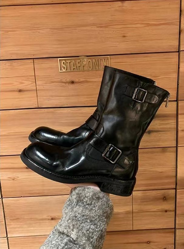 Plus Size Women's Shoes Grape Mom Melard Genuine Leather Belt Buckle Short Thick Sole Martin Women Slim Boots_vogvips.com