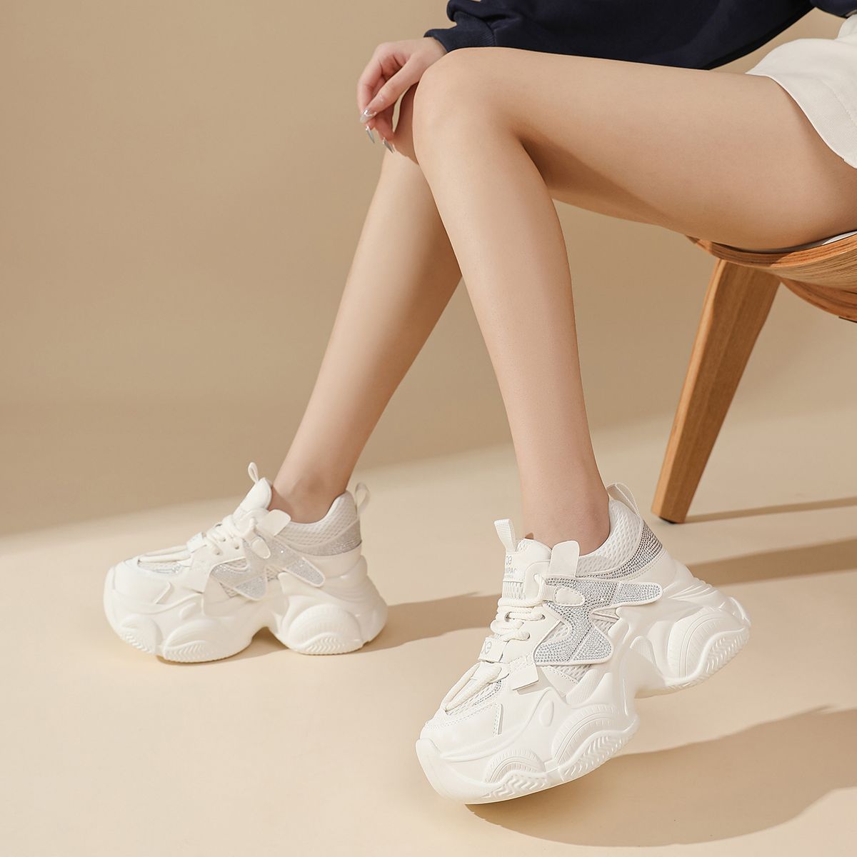 Fat Sole Fashion Color Blocked Thick Soled High Top Lace Up Casual Shoes For Women Spring New_vogvips.com