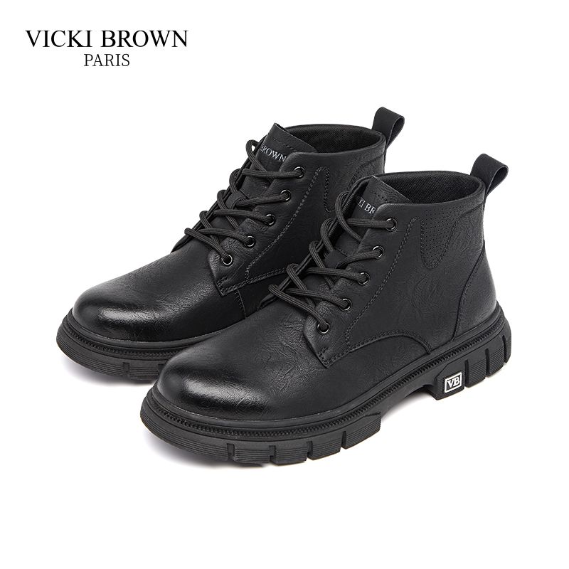 VICKI BROWN Men's Black Leather Ankle Combat Boots, Soft Fabric Lining Comfort Padded Insole, Non-Slip Block Rubber Sole Casual Work Outdoor Boot_vogvips.com