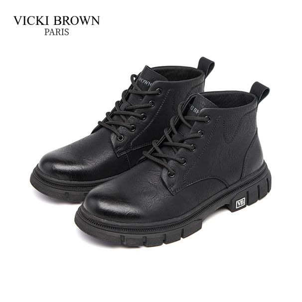 VICKI BROWN Men's Black Leather Ankle Combat Boots, Soft Fabric Lining Comfort Padded Insole, Non-Slip Block Rubber Sole Casual Work Outdoor Boot_vogvips.com