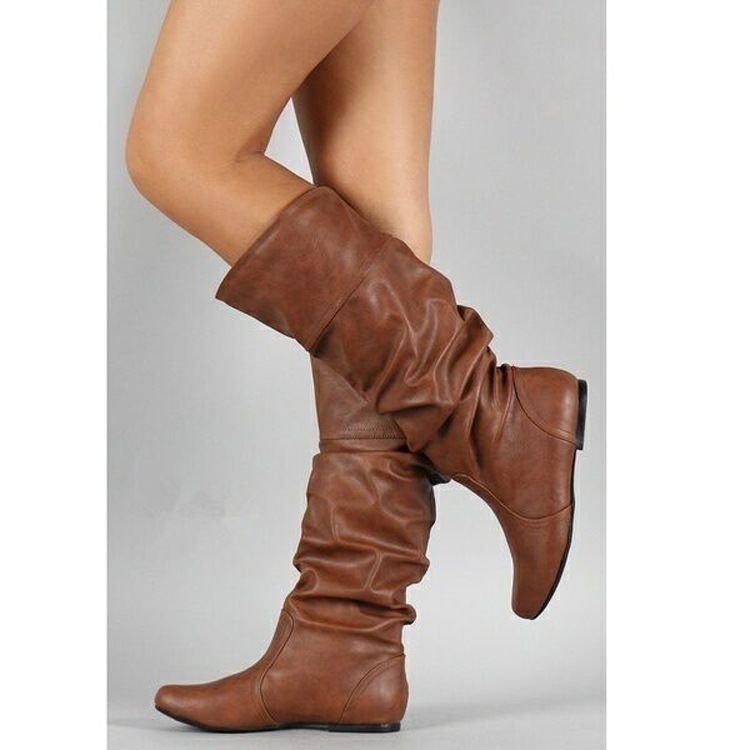 Flat Long Boots For Women Autumn And Winter New Internal Increase Pu Leather Round Head Set Foot Slimming Female Boots_vogvips.com