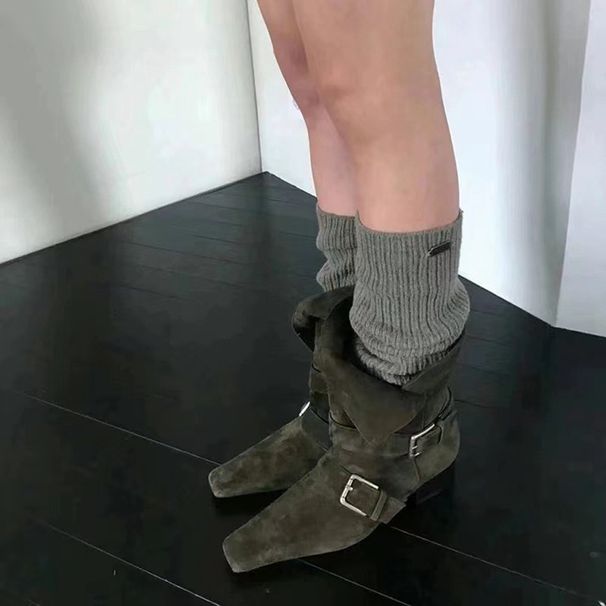 Autumn And Winter Retro Small Square Head Two Wear Folding Thick Heel Belt Buckle Mid Calf Boots Women's Martin Short Boots_vogvips.com