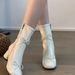 2025 New Spring Summer Short Thick Heel White Bowknot Ballet Style Stretch Slim Women's Martin Boots_vogvips.com