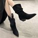 2025 New Autumn Pointed Toe Black Korean Style Chunky Heel Slip-On Short Wrinkled Martin Boots_vogvips.com