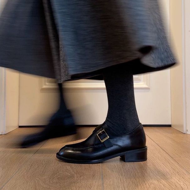 Sheepskin Version ~ Belt Buckle Slimming Chunky Heel Loafers Women Deep Mouth Black All-Match Single-Layer Genuine Round_vogvips.com