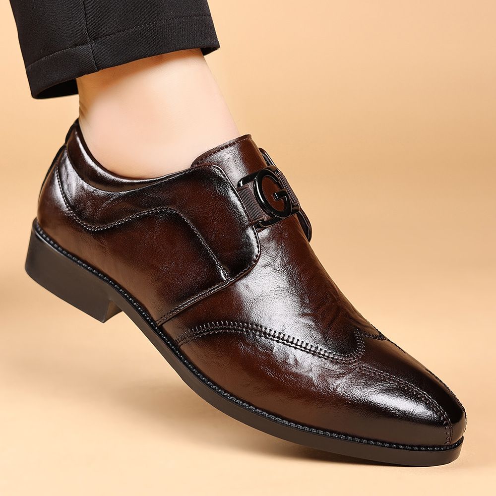 Men's Handcrafted Stitch Detail Formal Dress Shoes - Slip-On Business Oxford With Embroidery Toe Cap For Office & Banquet (Black/Dark Brown)_vogvips.com