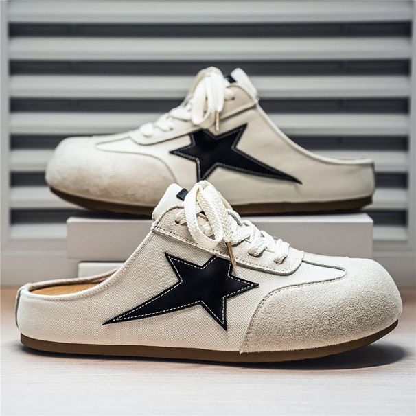 Men Black Suede Backless Mules White Star Patch Lace Up Flat Casual Slide Sneakers_vogvips.com