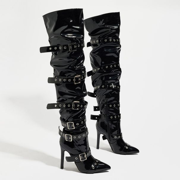 Punk Rock Women's Knee-High Boots With Studs & Buckle Strap - Pointed Toe Stiletto Heel Over The Knee Boots For Women_vogvips.com