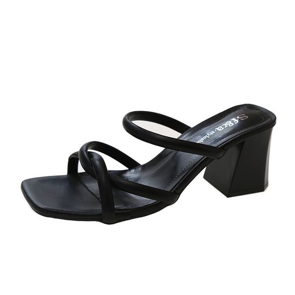 New Summer Fashion Bare Toed Square Head Mid-heel Shoes Pleated Chunky Sandals With A Line Single Shoe Women_vogvips.com