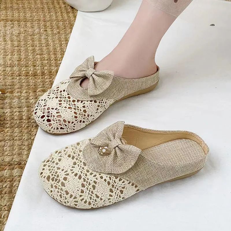 New Bow-tie Linen Breathable Closed-toe Slip-on Slippers For Women, Suitable For Home Use, Indoor And Outdoor Wear_vogvips.com