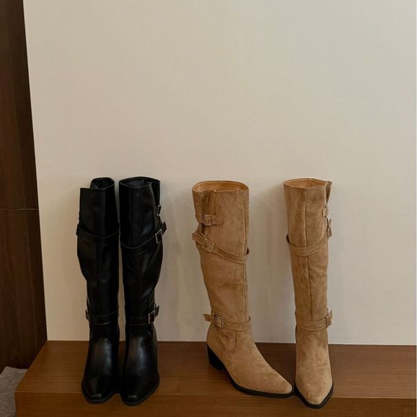 Seven Oranges~ Genuine Leather Pointed Toe Riding For Women, Over-the-Knee Chunky Heel Buckle Strap Long Boots, Height_vogvips.com