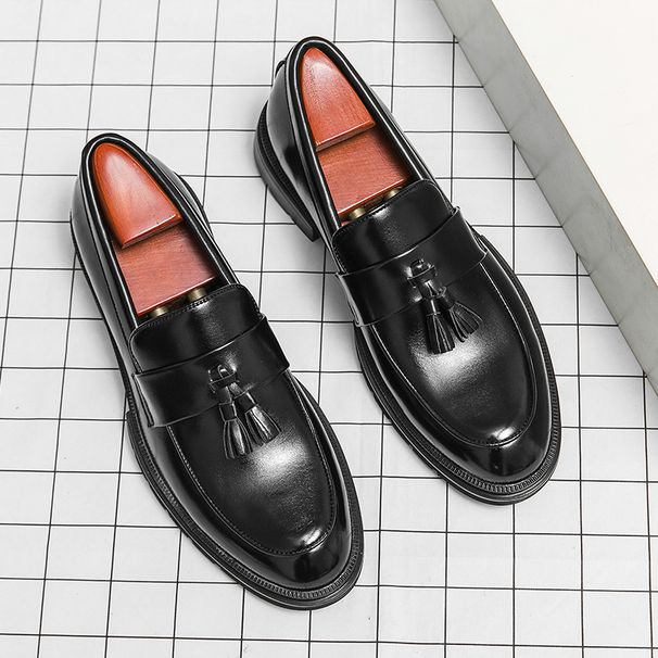 Tassel Business Dress Casual Leather Hairdresser Men's Shoes Thick Heel Height Increase One Step British Loafers_vogvips.com