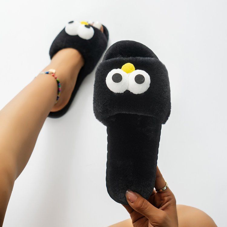 New European American Autumn And Winter Furry Women, Cute Cartoon Open-toe Slip-ons For Home Indoor Use, Flat-soled_vogvips.com