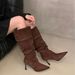 Black Long For Women 2025 Autumn Pointed Toe Slimming Pleated Stacked Small Stature Studded Thin Heel Over-the-Knee_vogvips.com