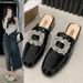 Women’s Shoes Closed Toe Half Slippersheel Flat Single-layer Shoes Square Buckle Rhinestone Internet Celebrity All-match Outdoor L_vogvips.com
