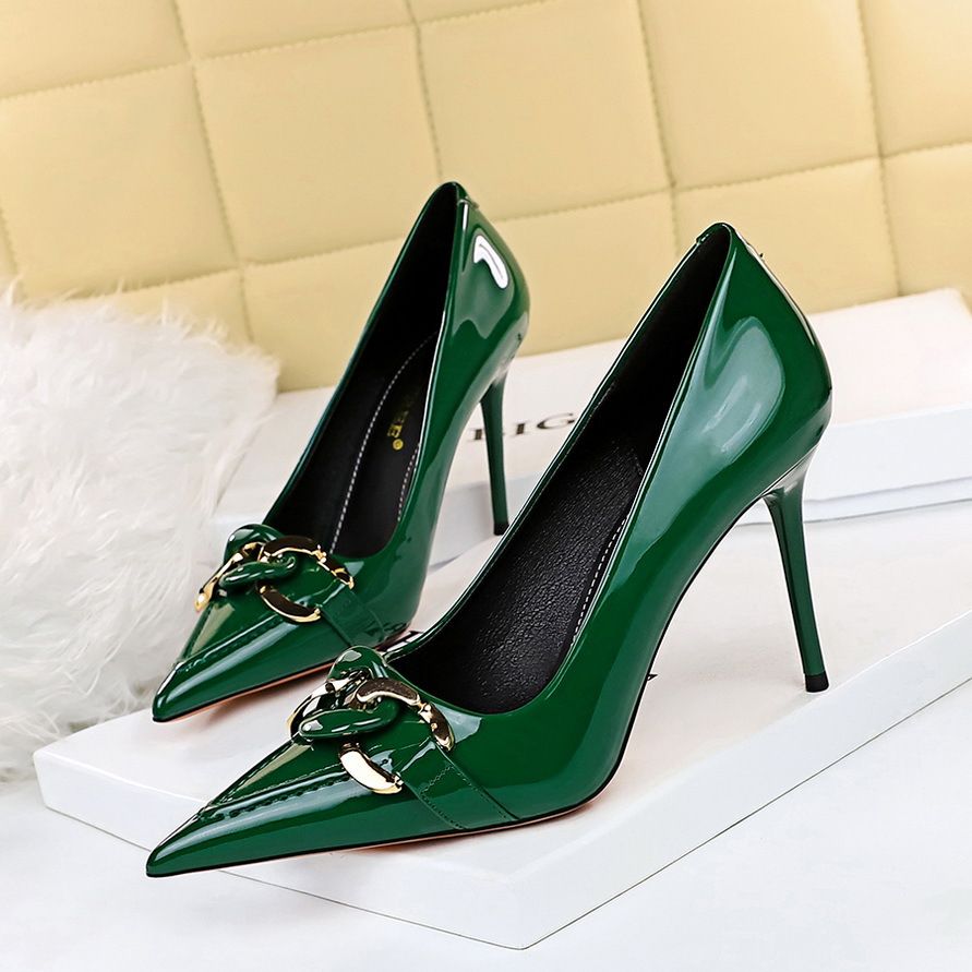 Women's Pointed Toe Stiletto Heels - Ultra High Heel Dress Pumps With Buckle Detail In Green, Black & Nude | Sizes 34-43 | Office & Evening Wear_vogvips.com