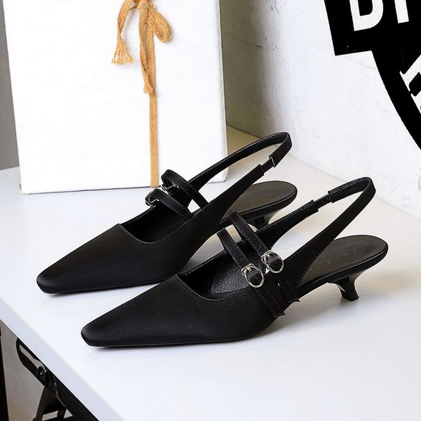 Pointed One-word Strap Empty Shoes Rear Strap Low-heeled Single Shoes Light-mouth Wine Glass And Satin Women's Shoes_vogvips.com