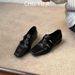 First Encounter With British Style Square-Toed Small Gold Buckle Loafers Women, Black Slip-On Versatile Leather Shoes_vogvips.com