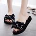 Flash Jiao's New One-word Drag Handmade Bow 3cm Non-slip Seaside Vacation Travel Fashion Women's Beach Shoes_vogvips.com