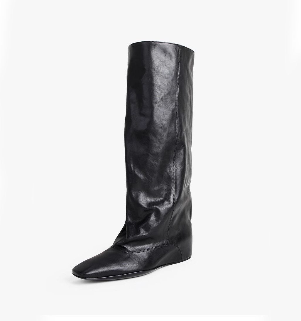 Retro Women's Tall Boots Square Toe Slip-On Riding Boots With Hidden Height Increase Pleated Long Western Style For Autumn Winter_vogvips.com