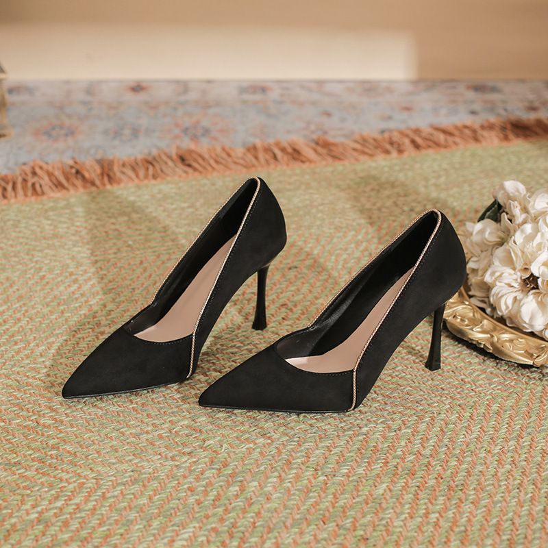 Stiletto Heel Pointed Toe Combination Stitched Edge High Heels For Women Suede Solid Color Large Wide 41 42 43 Small_vogvips.com
