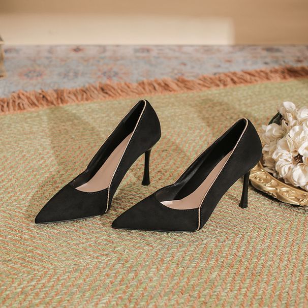Stiletto Heel Pointed Toe Combination Stitched Edge High Heels For Women Suede Solid Color Large Wide 41 42 43 Small_vogvips.com