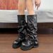 Women's High Calf Punk Style Boots With Chunky Heel - Round Toe Western Boots In Black_vogvips.com