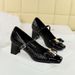 5298-K91 Wind Women's Shoes Versatile Middle Thick Heel Light Mouth Color blocked Metal Buckle Bow Strap Single Shoe_vogvips.com