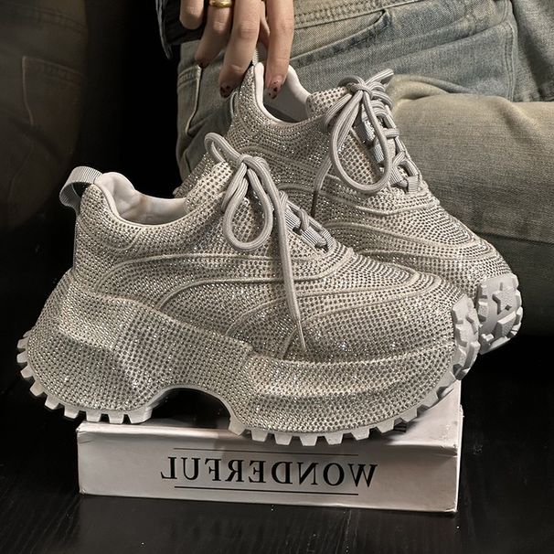 Women Rhinestone Covered Platform Sneakers, Sparkly Bling Lace‑Up Chunky Trainers, Non‑Slip Lug Sole Fashion Shoes For Party Club Street Daily Outfit_vogvips.com