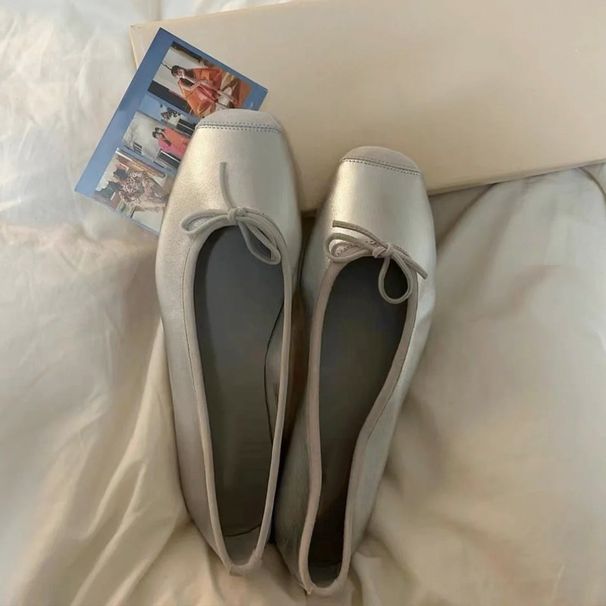 Cowhide Version ~ Soft Sole Shallow Mouth Bowknot White Ballet Genuine Leather Mary Jane Flats Women's Flat Shoes_vogvips.com