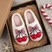 Women's Cozy Fluffy Slippers With Bow And Cherry Print, Non-Slip Indoor House Shoes, Warm Winter Fuzzy Slides For Home Comfort Winter Plush Slippers_vogvips.com