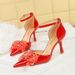 8323-H27 Style Shoes With High Heels, Patent Leather, Shallow Mouth, Pointed Tip, Hollow Rhinestone Bow, One Line Strap,_vogvips.com