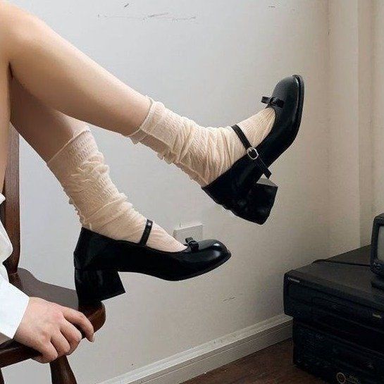 College Age Reducing Versatile, Niche And Unique, Comfortable Mid Solid Color Bow, Round Toe, Thick Heel, Mary Jane_vogvips.com